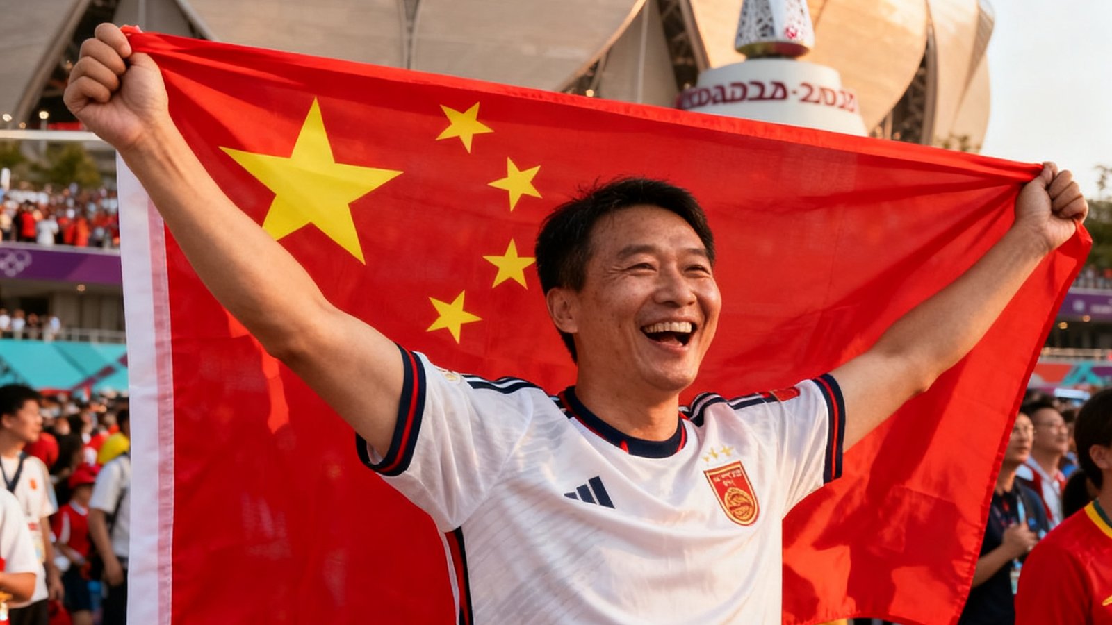 一位上海球迷展示他在多哈世界杯现场的打卡照，手持国旗